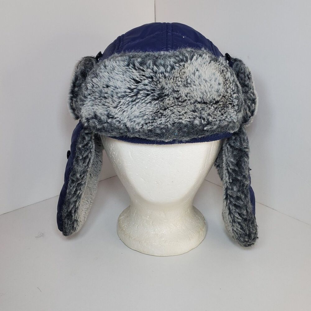 Trapper Aviator Hat Youth Med Faux Fur Blue Nylon Winter Gorpcore Ski Snow